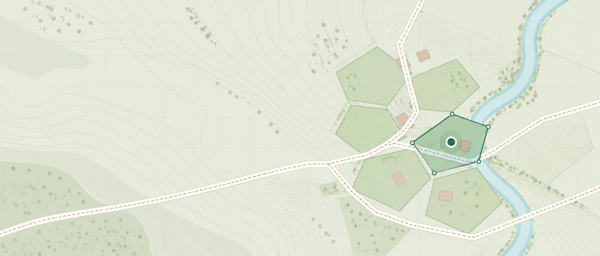 Mappa topografica con campi, curve di livello e un fiume, con una particella evidenziata